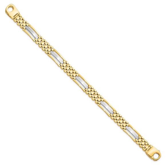 Men's 9.25mm 14k Two Tone Gold Polished & Satin Link Bracelet, 8.5 In - Picture 2 of 6